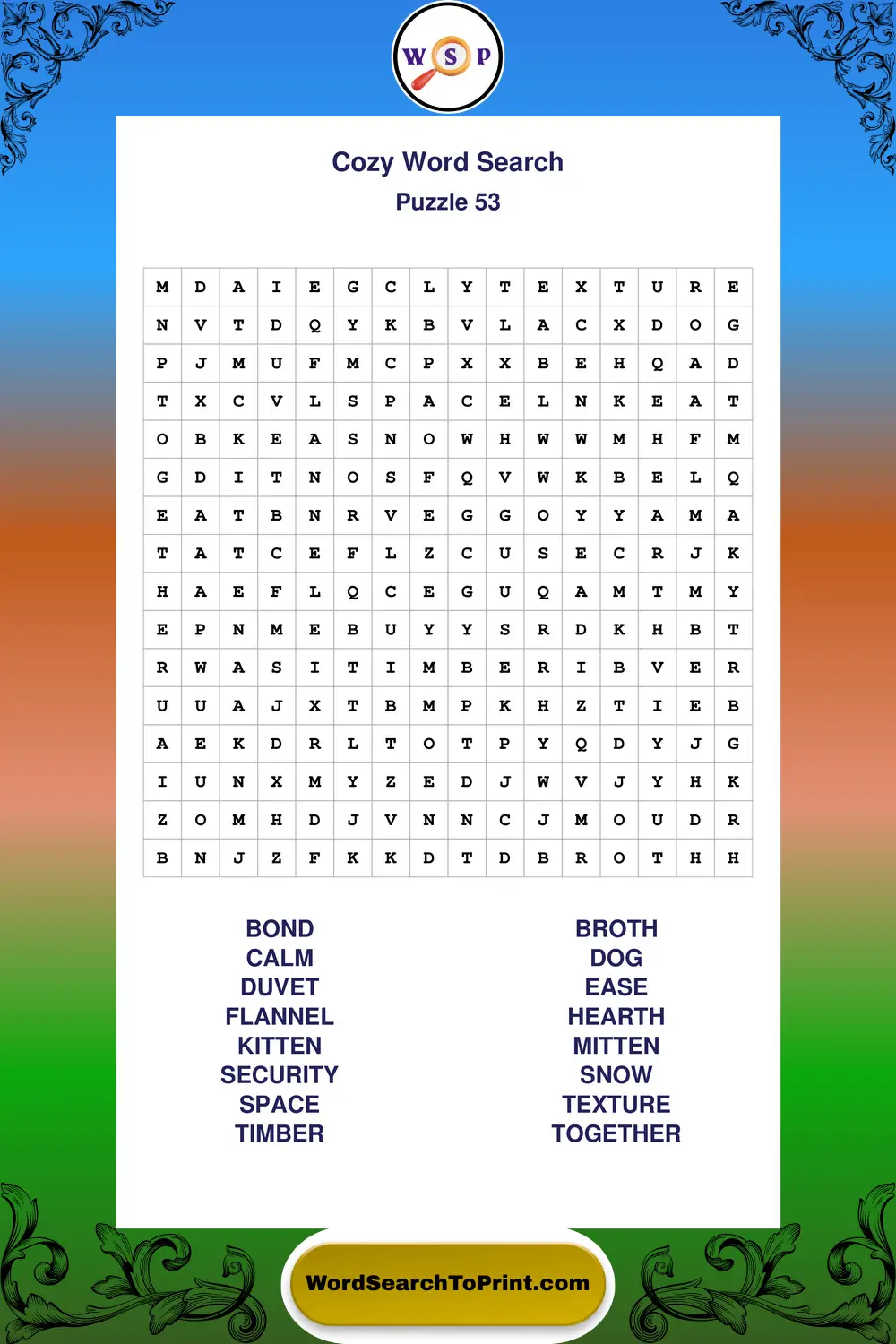 Cozy Word Search Puzzle 53