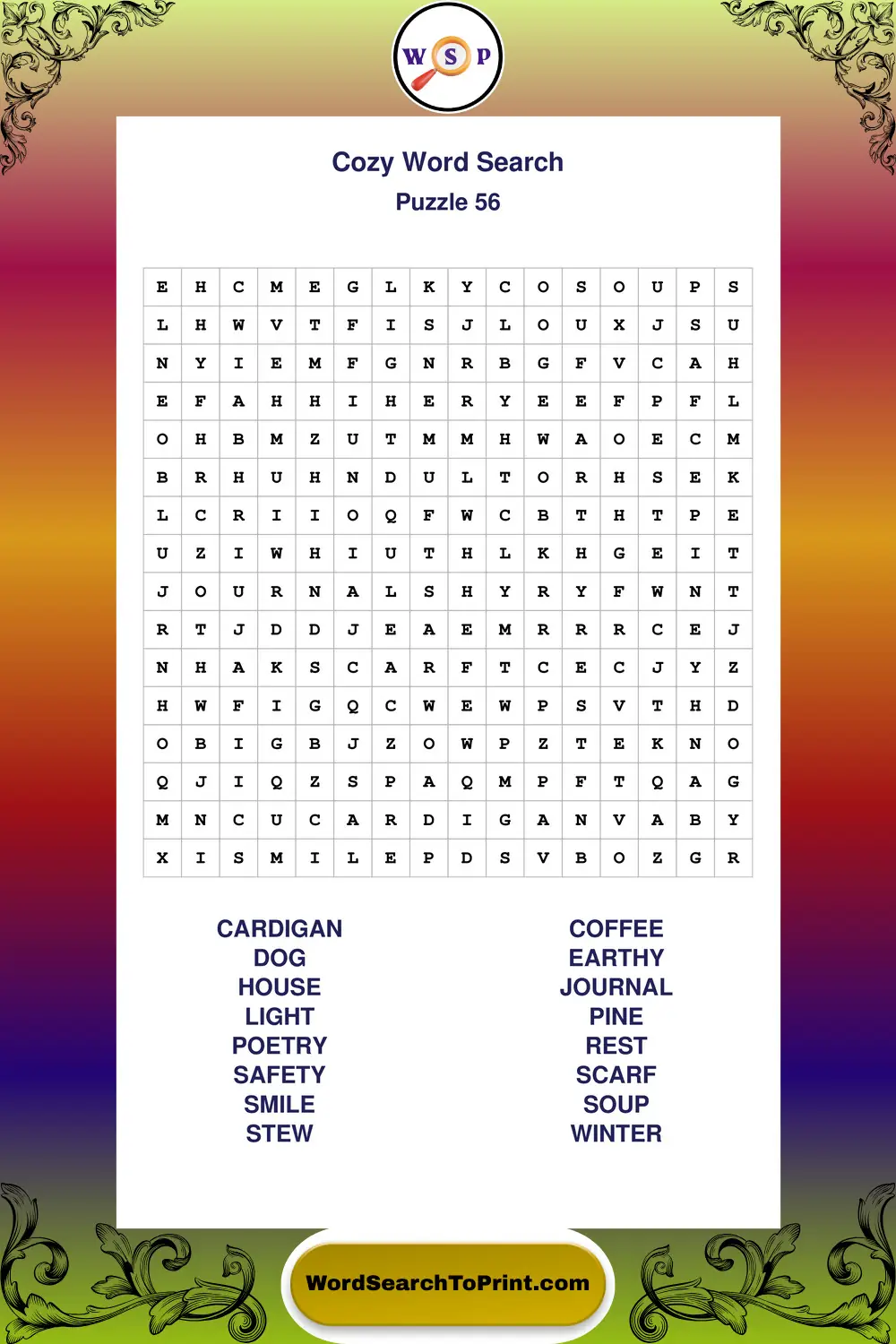 Cozy Word Search Puzzle 56