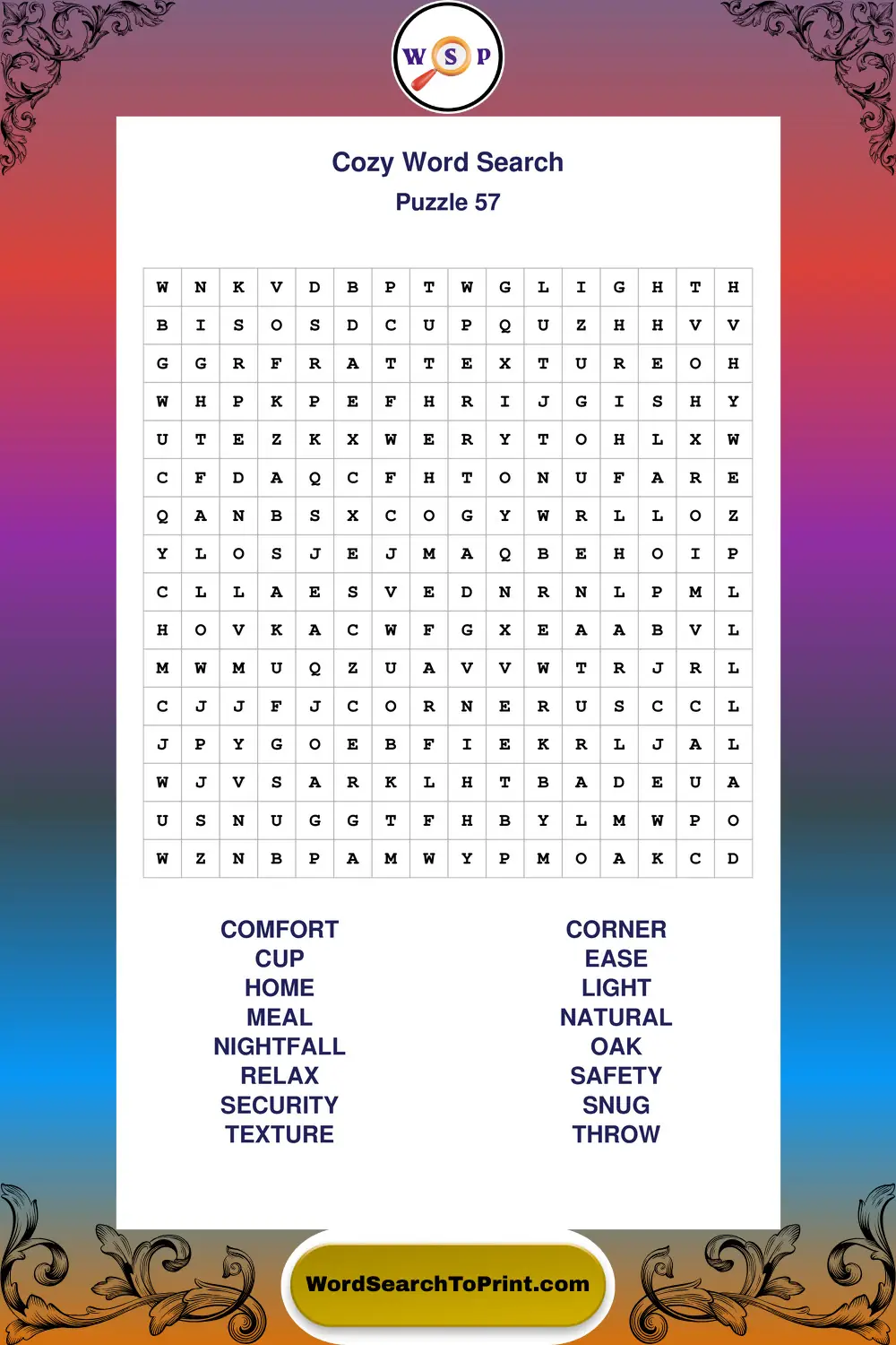 Cozy Word Search Puzzle 57