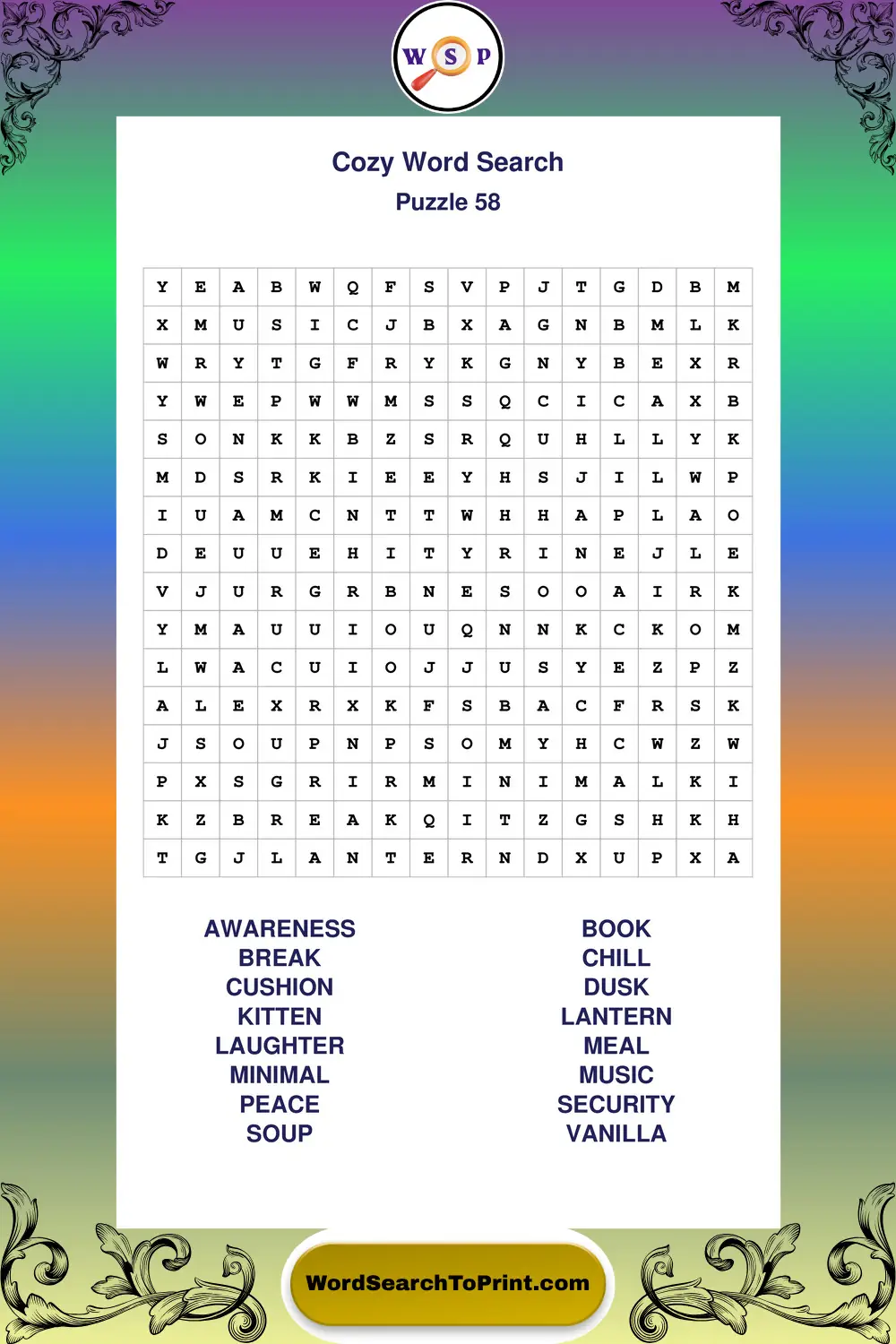 Cozy Word Search Puzzle 58