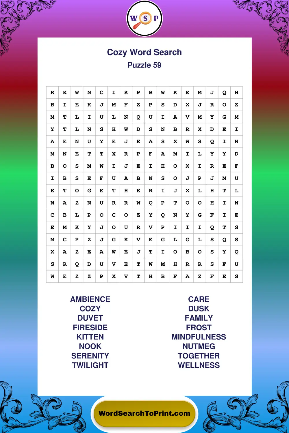 Cozy Word Search Puzzle 59