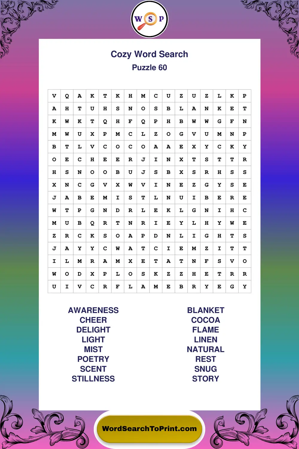Cozy Word Search Puzzle 60