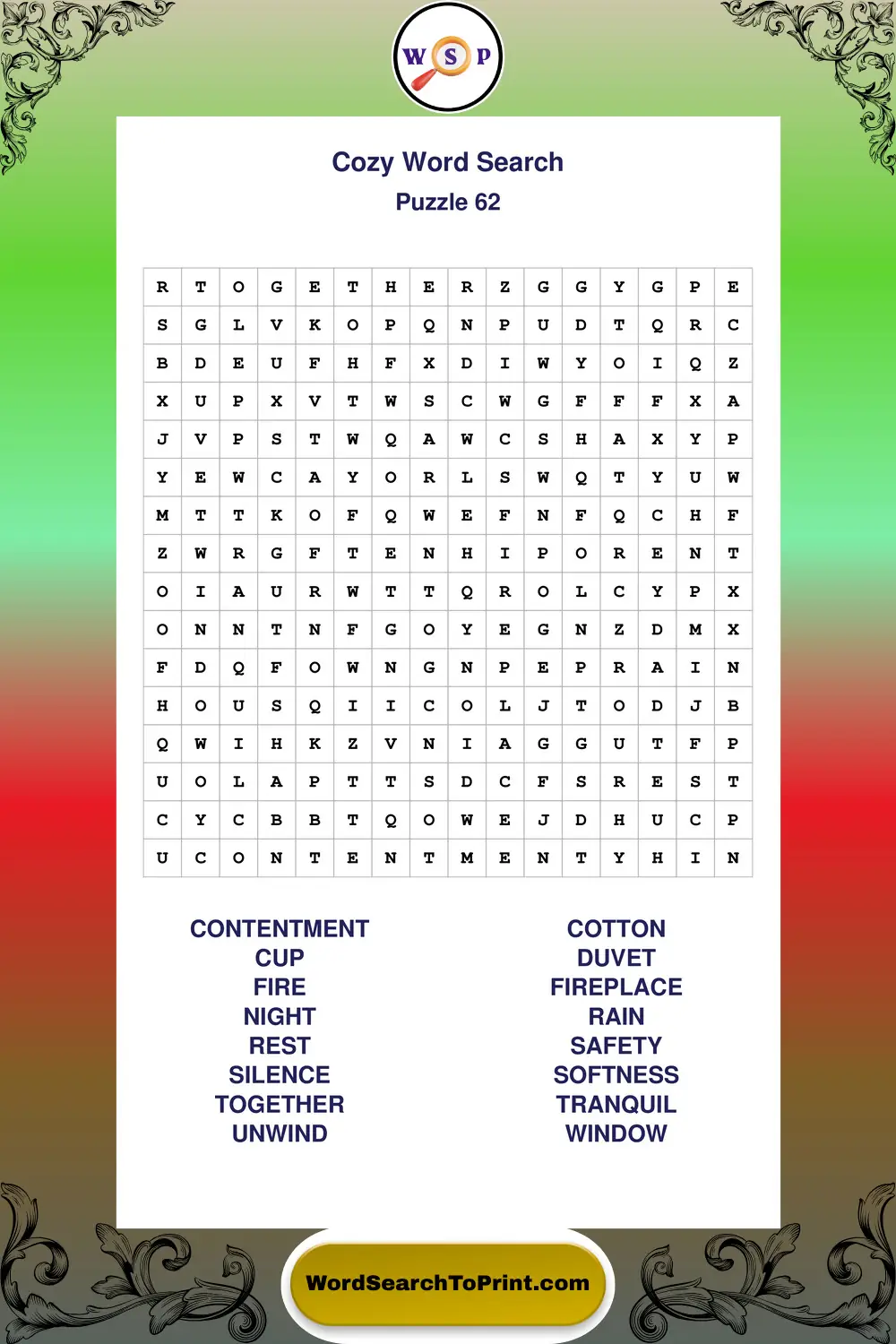 Cozy Word Search Puzzle 62