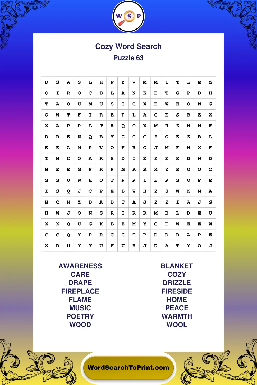 Cozy Word Search Puzzle 63