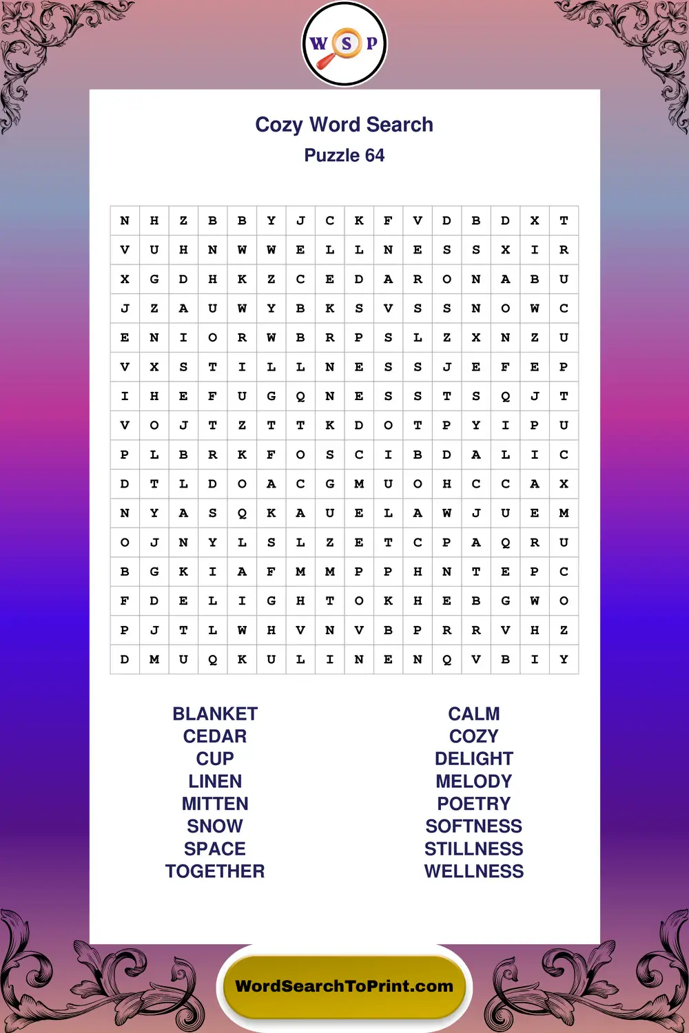 Cozy Word Search Puzzle 64