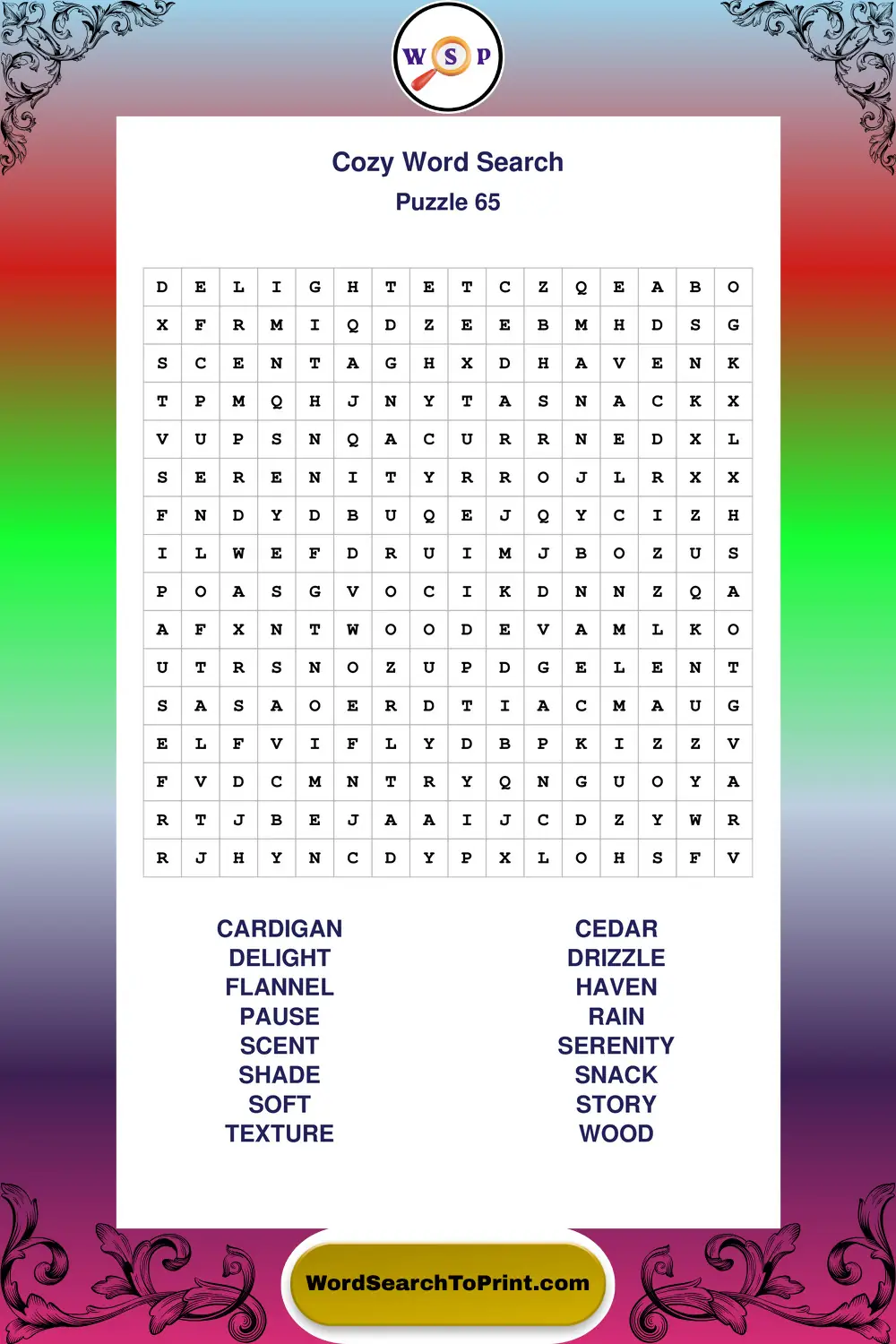 Cozy Word Search Puzzle 65