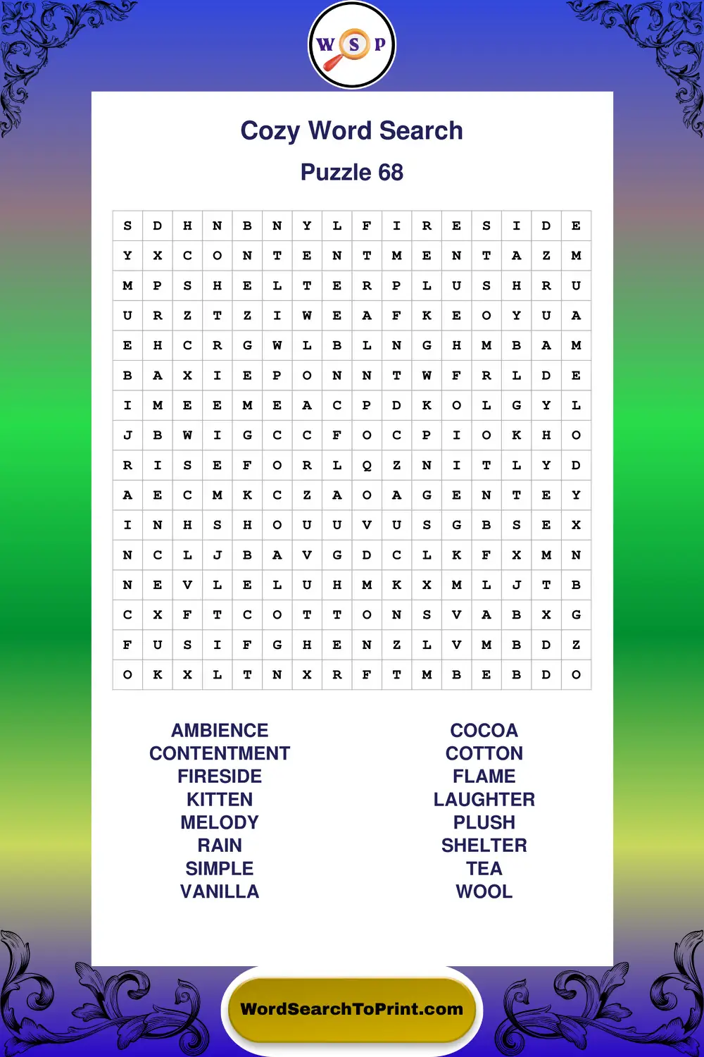 Cozy Word Search Puzzle 68