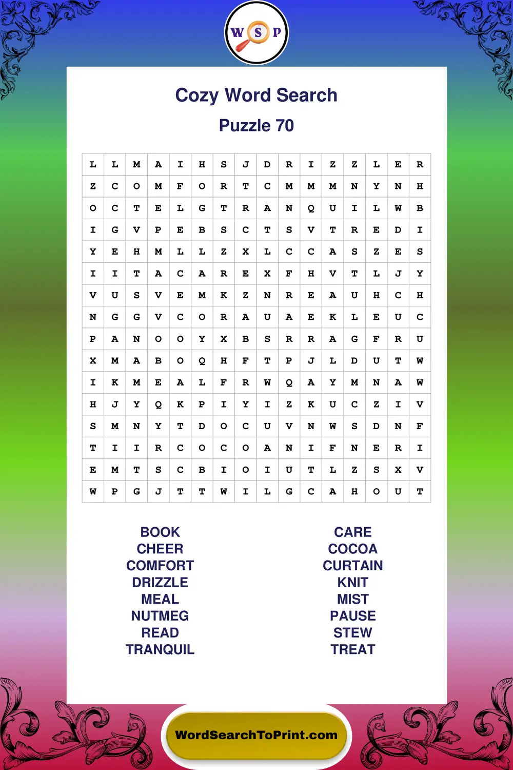 Cozy Word Search Puzzle 70