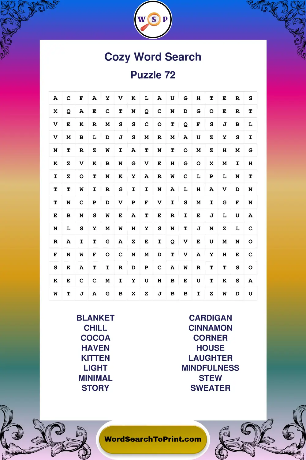 Cozy Word Search Puzzle 72