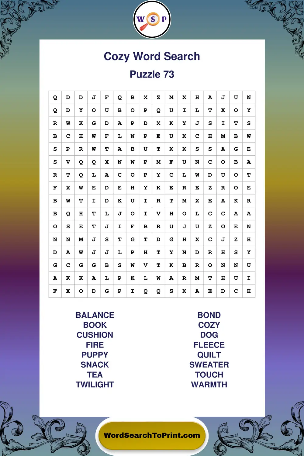 Cozy Word Search Puzzle 73