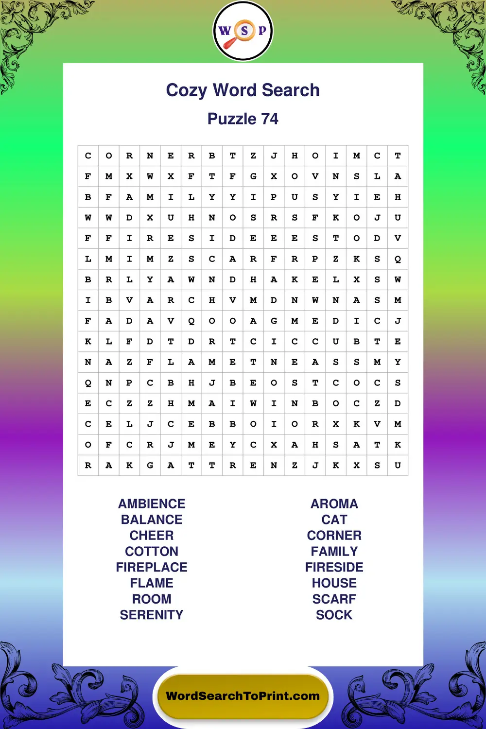 Cozy Word Search Puzzle 74