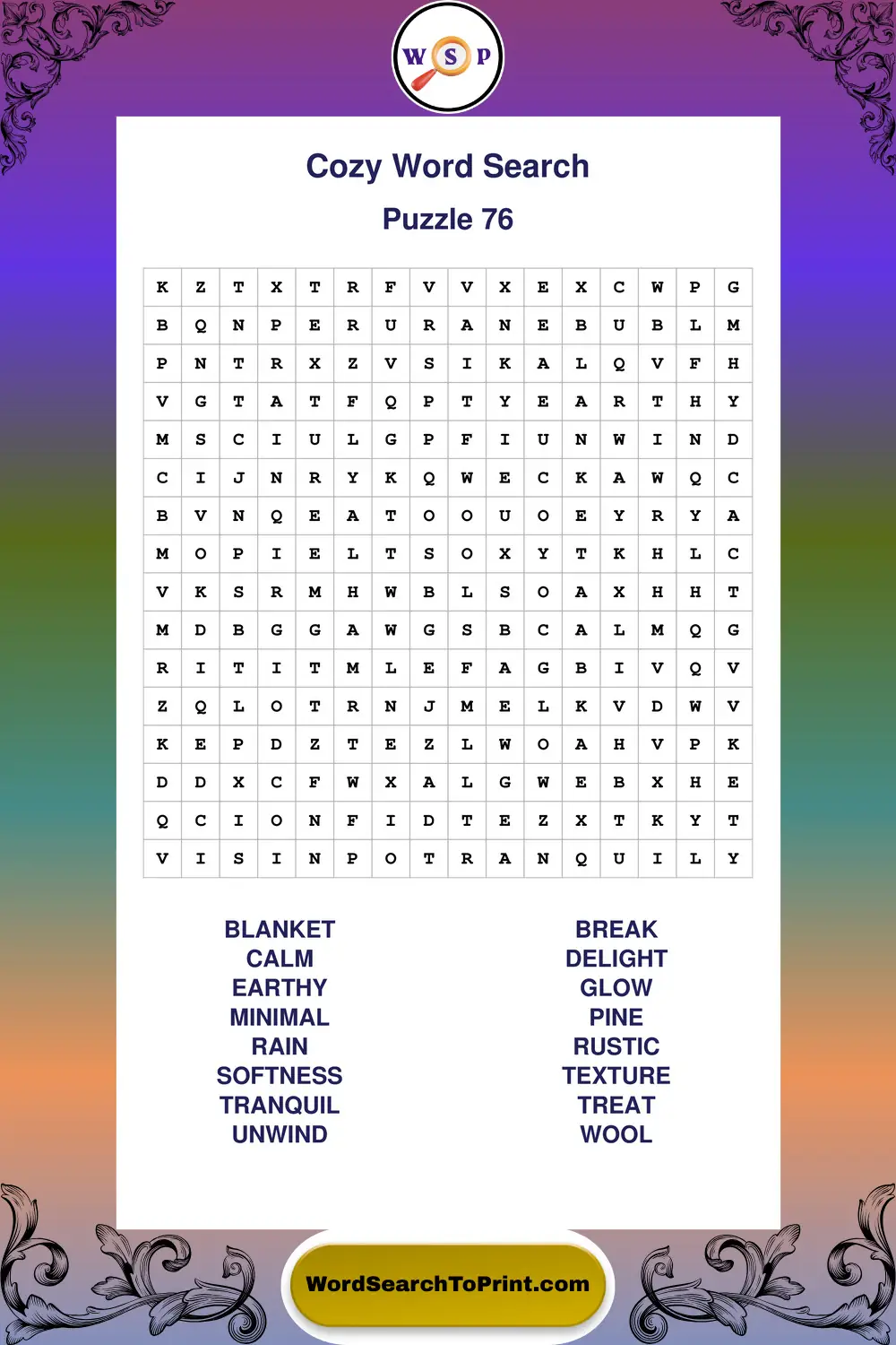 Cozy Word Search Puzzle 76