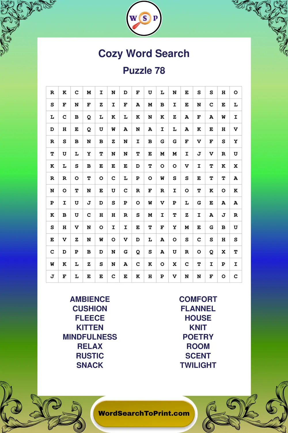 Cozy Word Search Puzzle 78