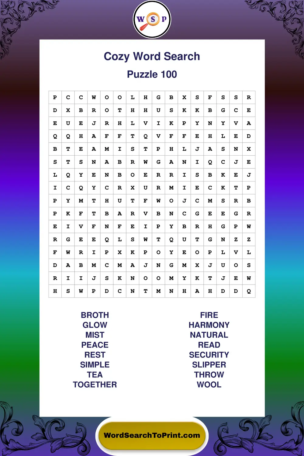 Cozy Word Search Puzzle 100