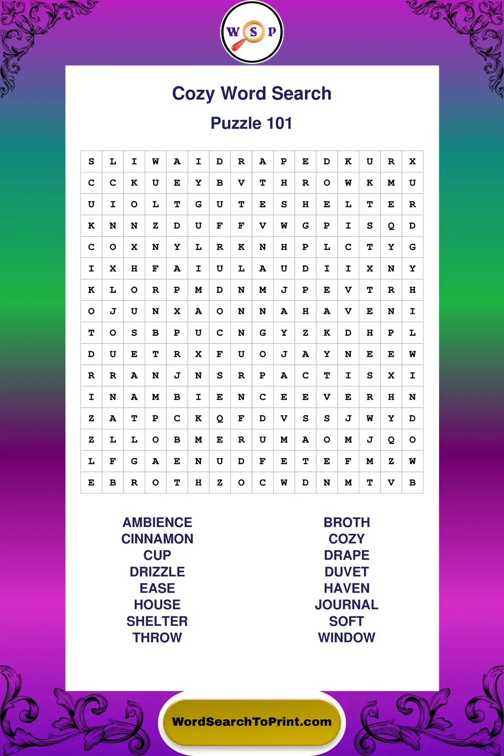 Cozy Word Search Puzzle 101