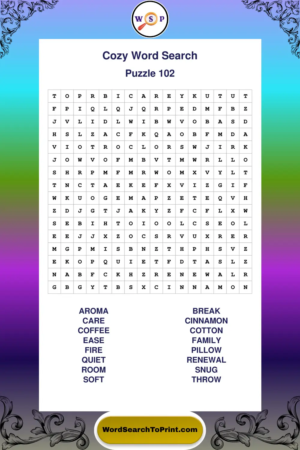 Cozy Word Search Puzzle 102