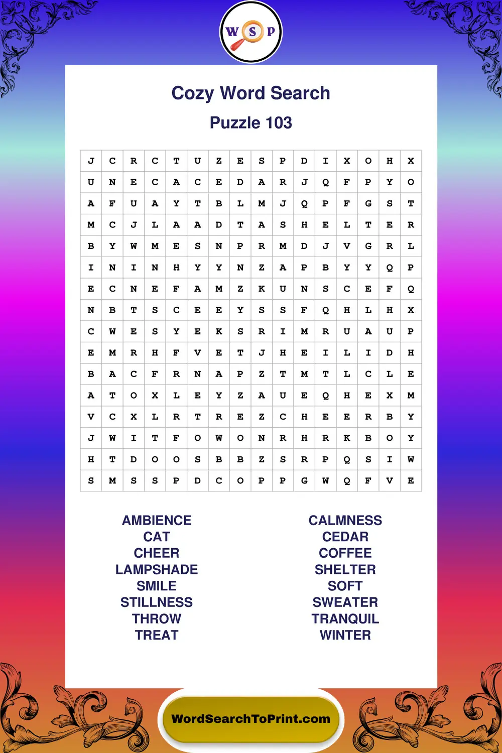 Cozy Word Search Puzzle 103