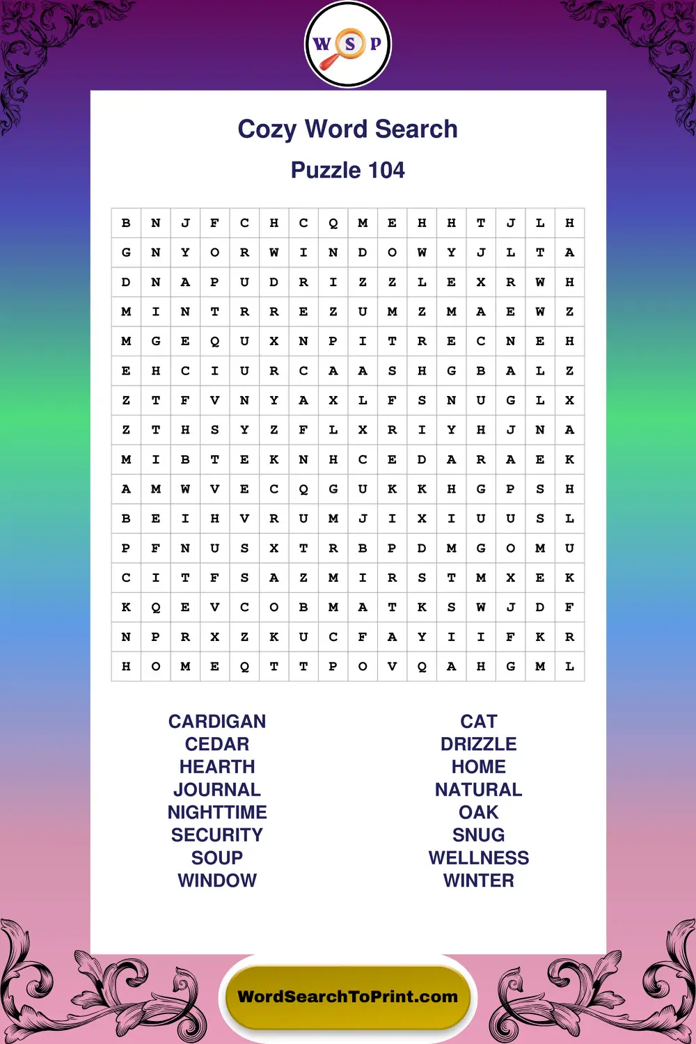 Cozy Word Search Puzzle 104