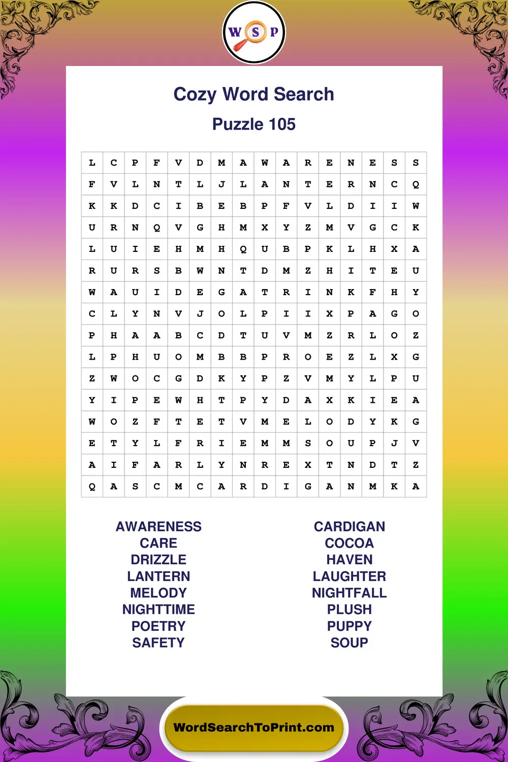 Cozy Word Search Puzzle 105