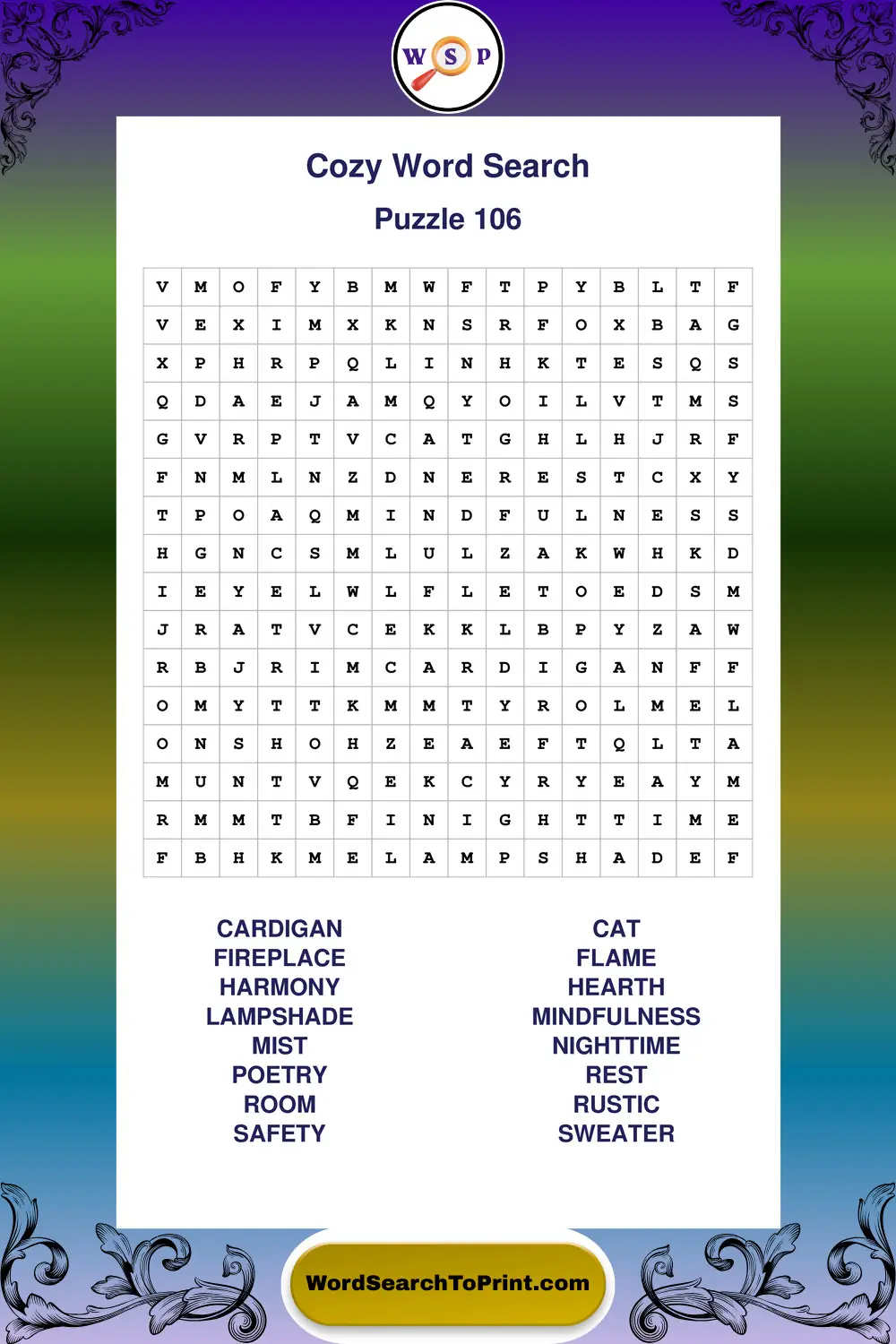 Cozy Word Search Puzzle 106