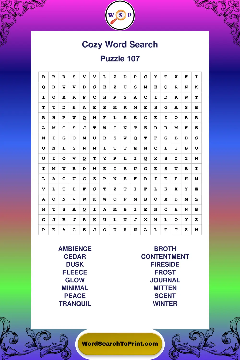 Cozy Word Search Puzzle 107