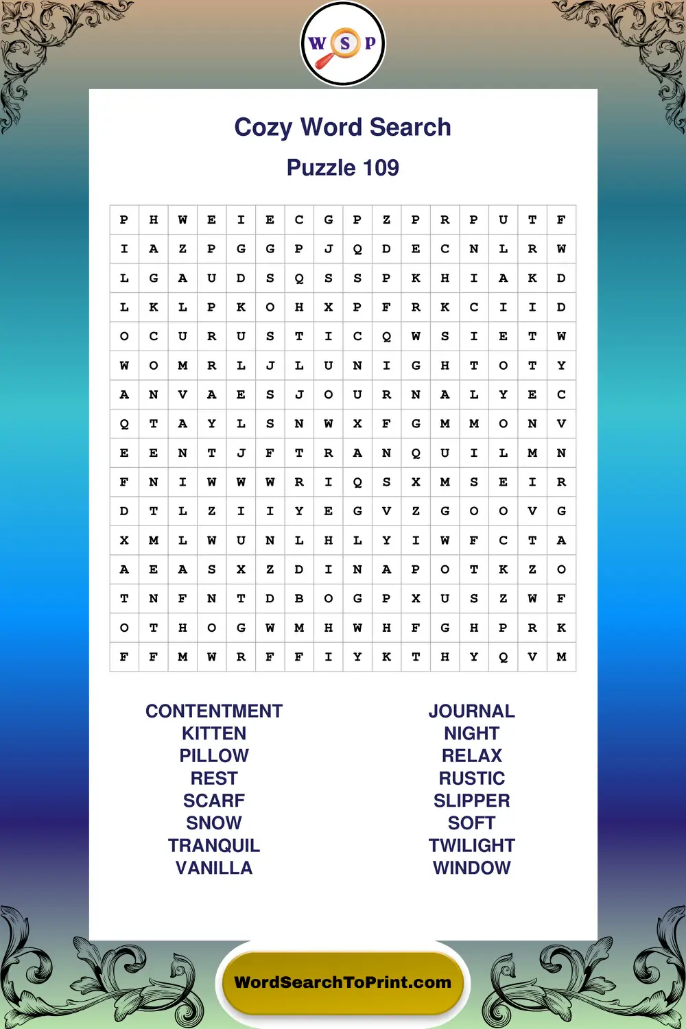 Cozy Word Search Puzzle 109