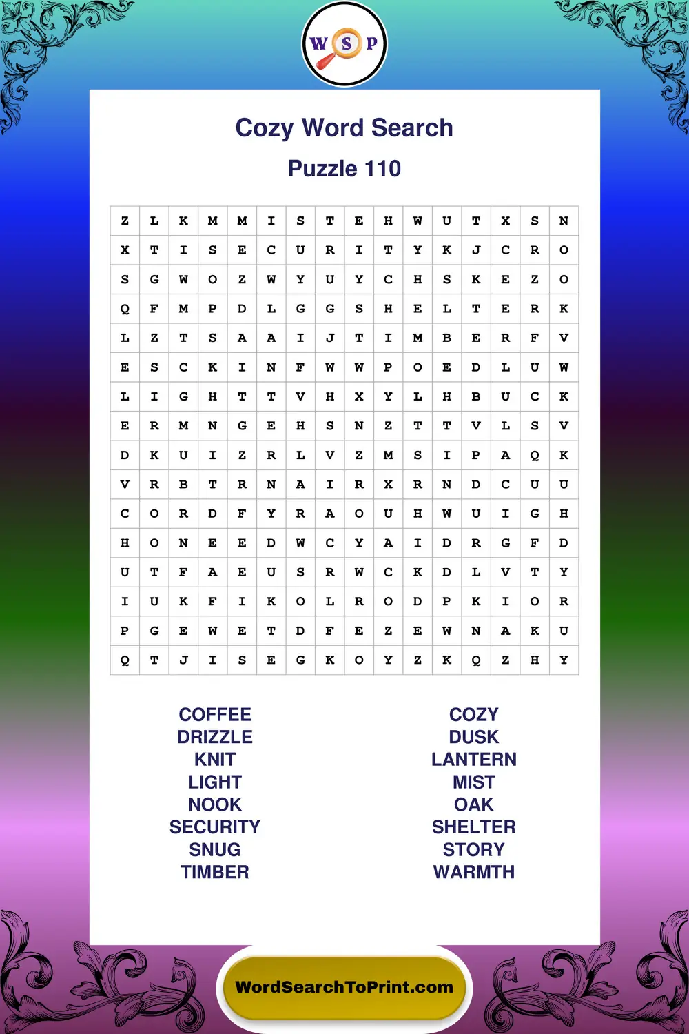 Cozy Word Search Puzzle 110