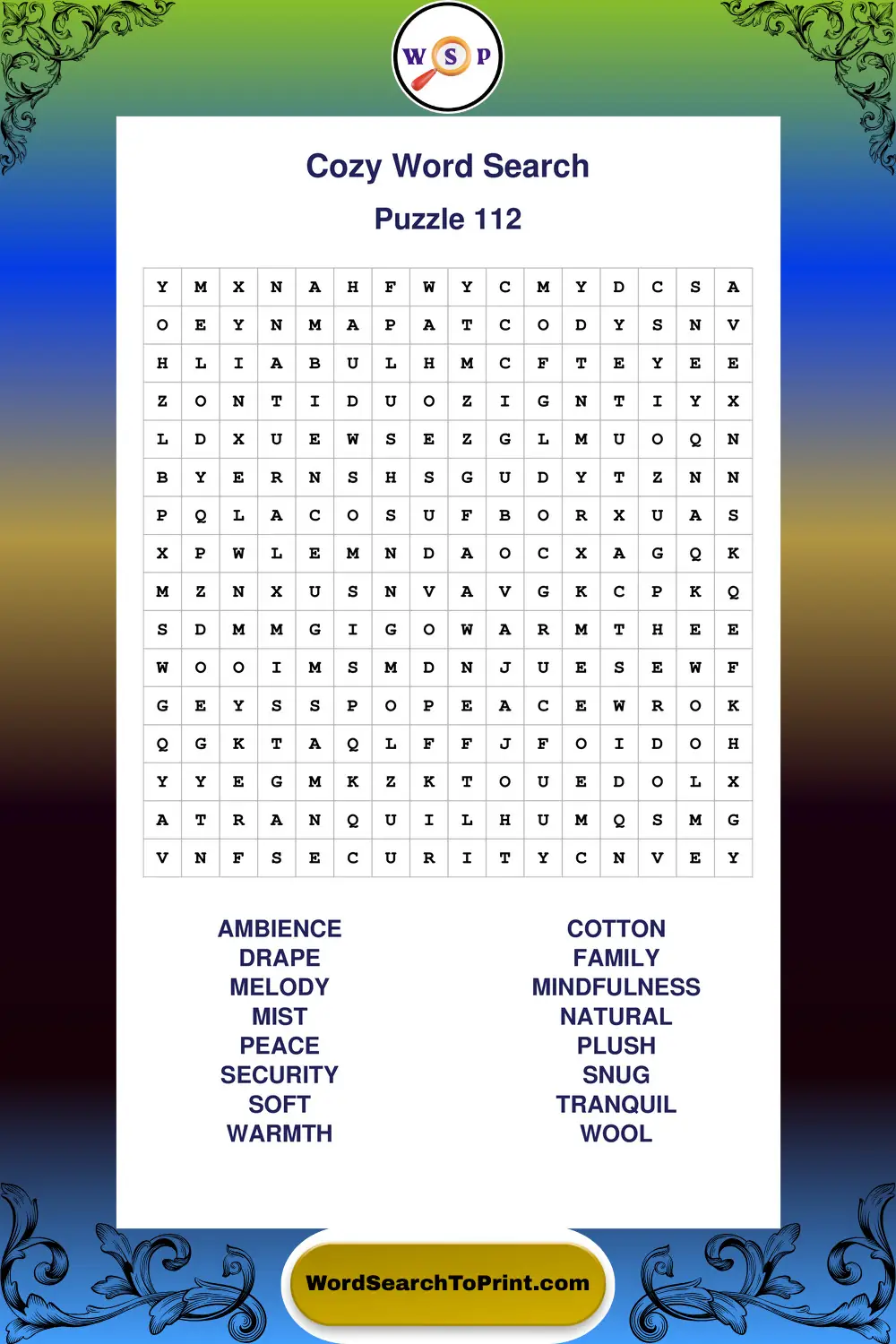 Cozy Word Search Puzzle 112
