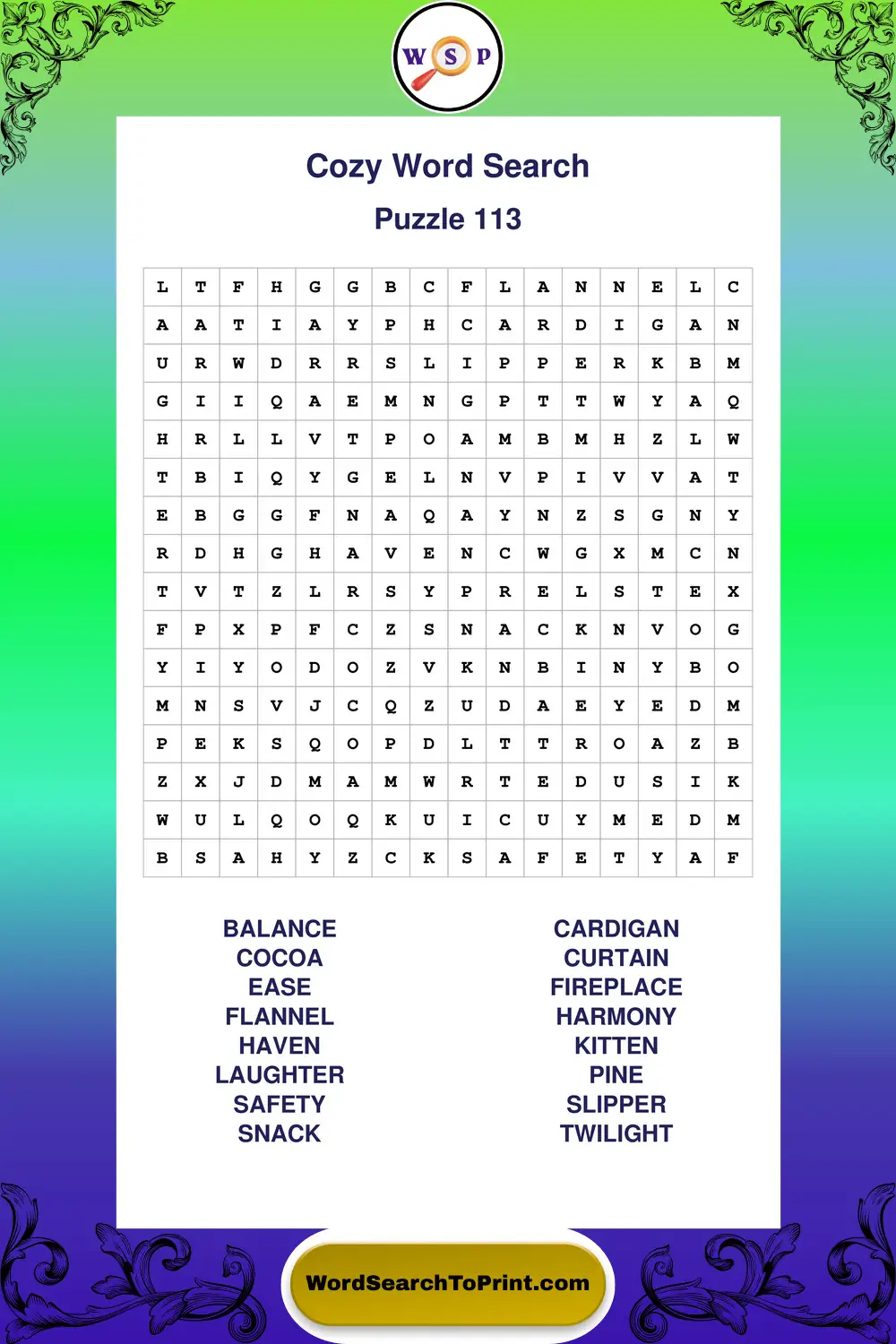 Cozy Word Search Puzzle 113