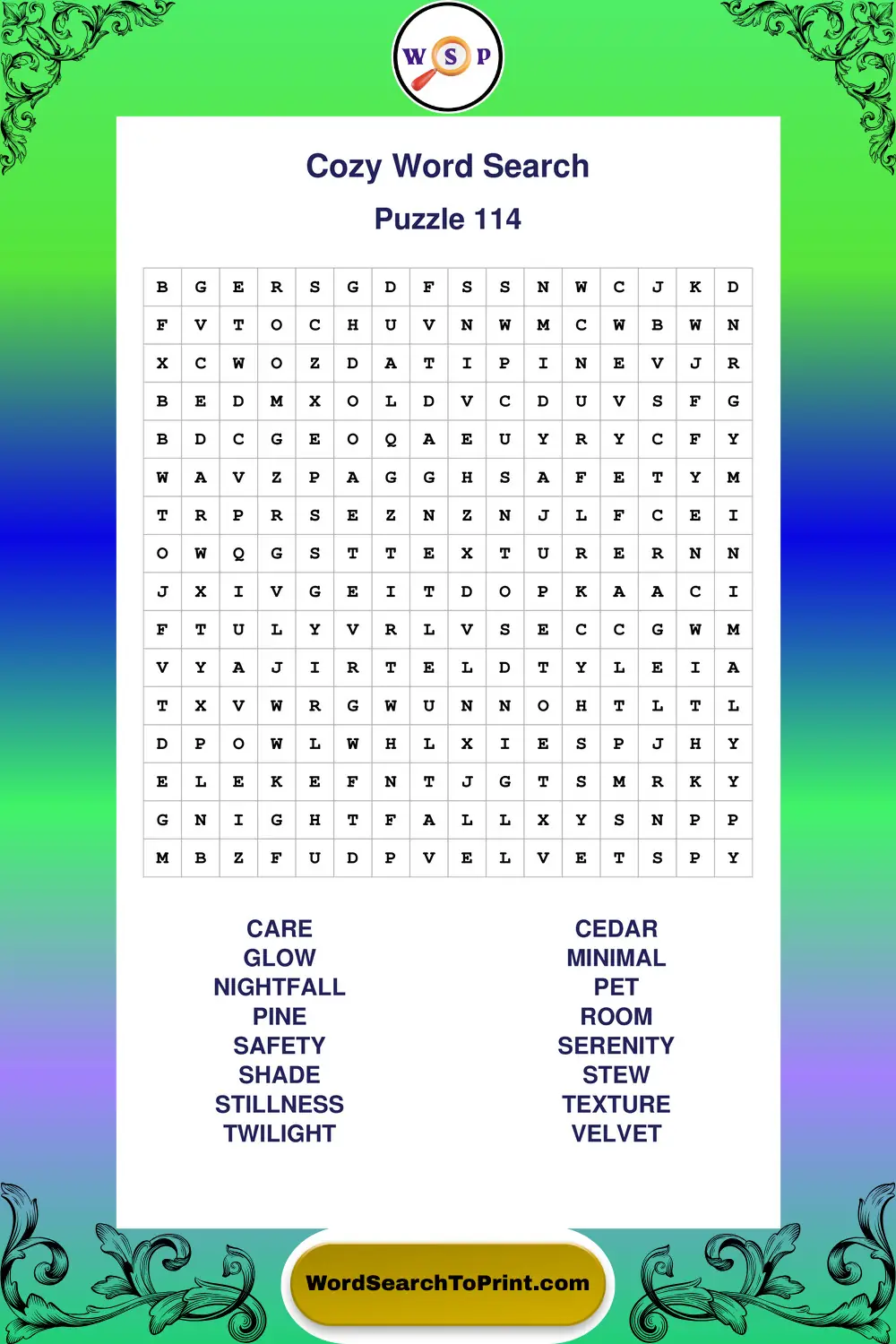 Cozy Word Search Puzzle 114