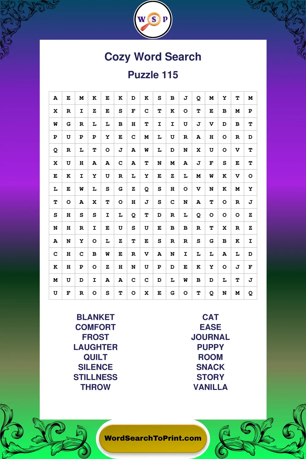 Cozy Word Search Puzzle 115