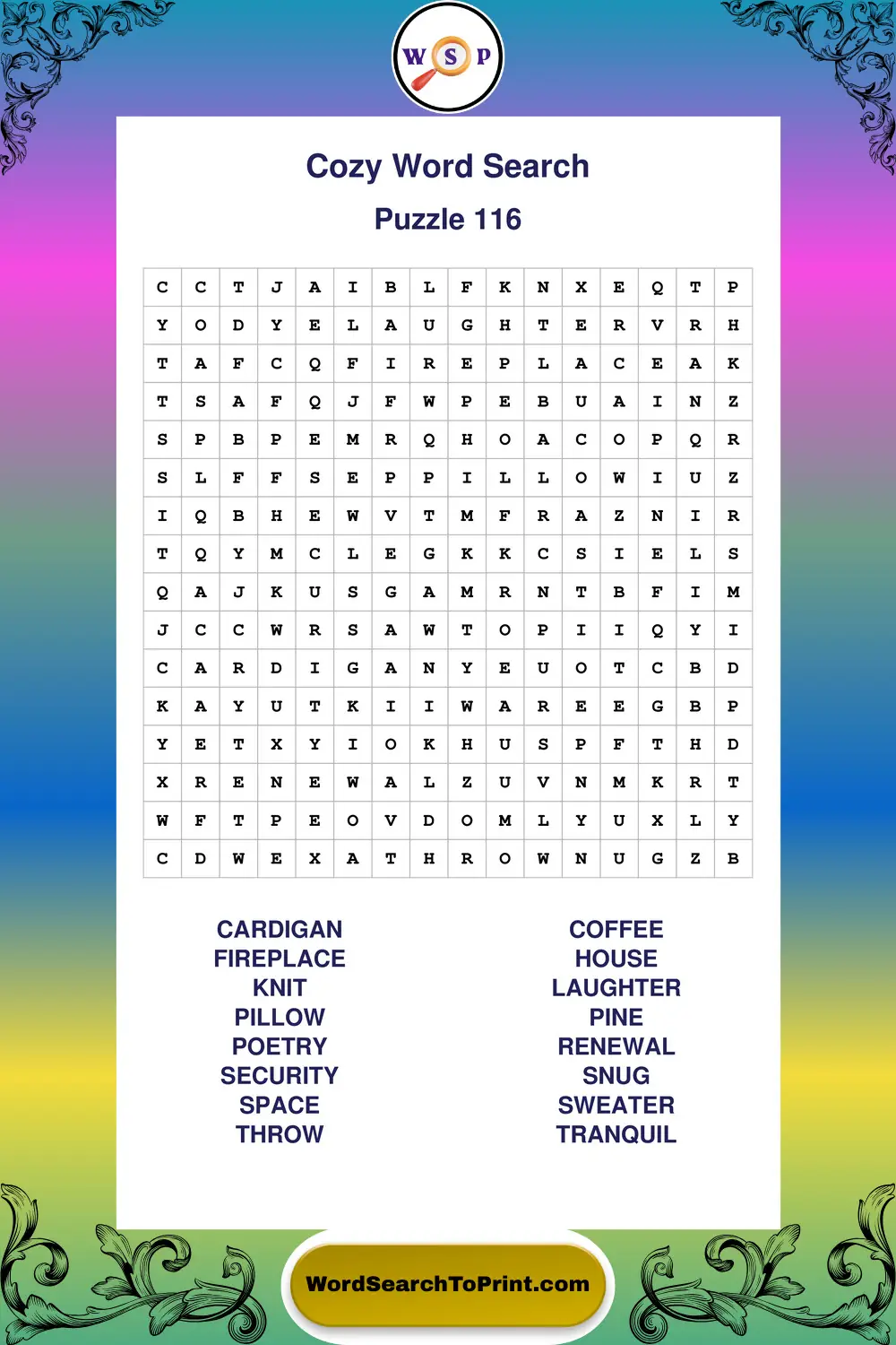 Cozy Word Search Puzzle 116