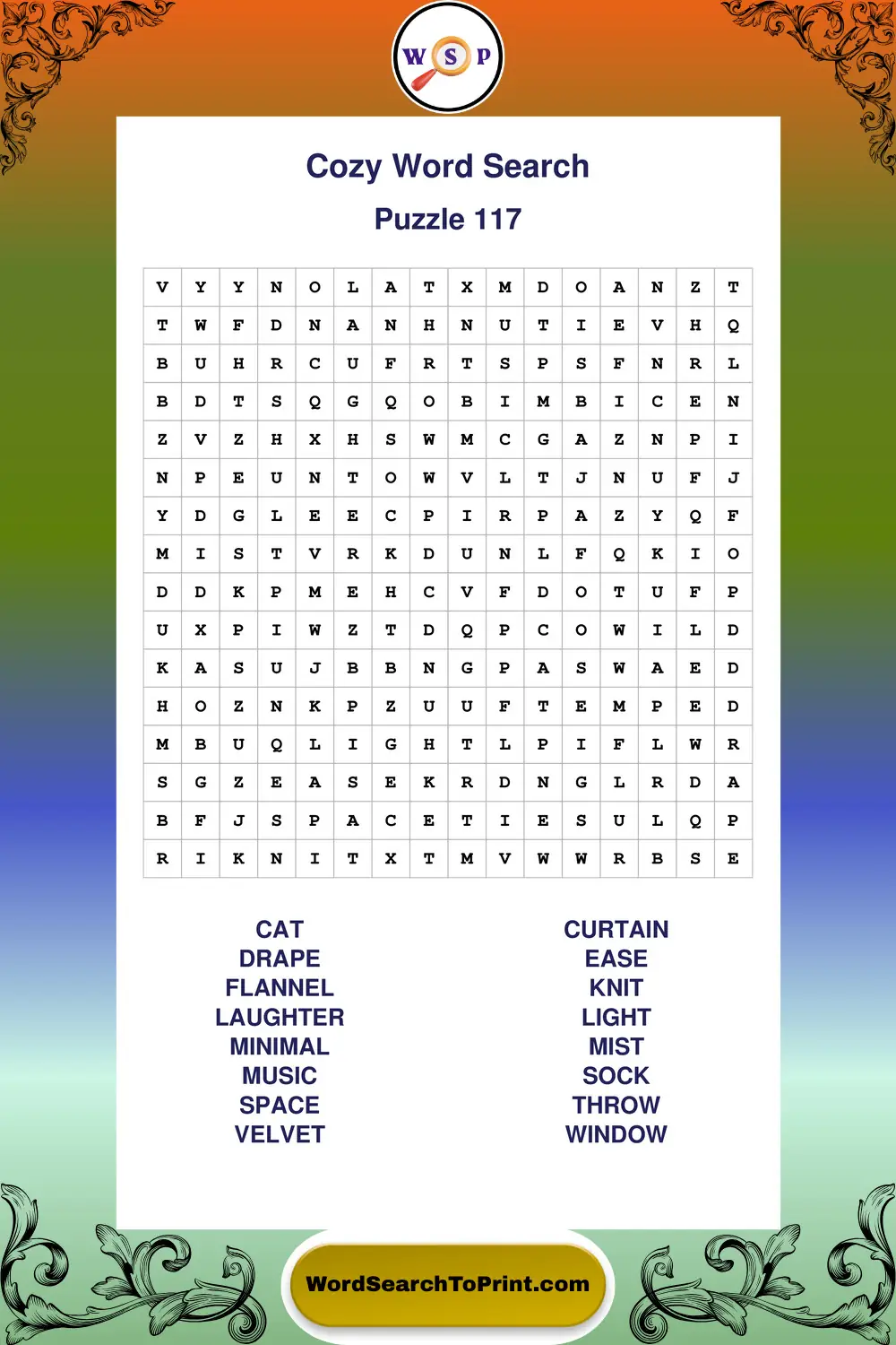 Cozy Word Search Puzzle 117