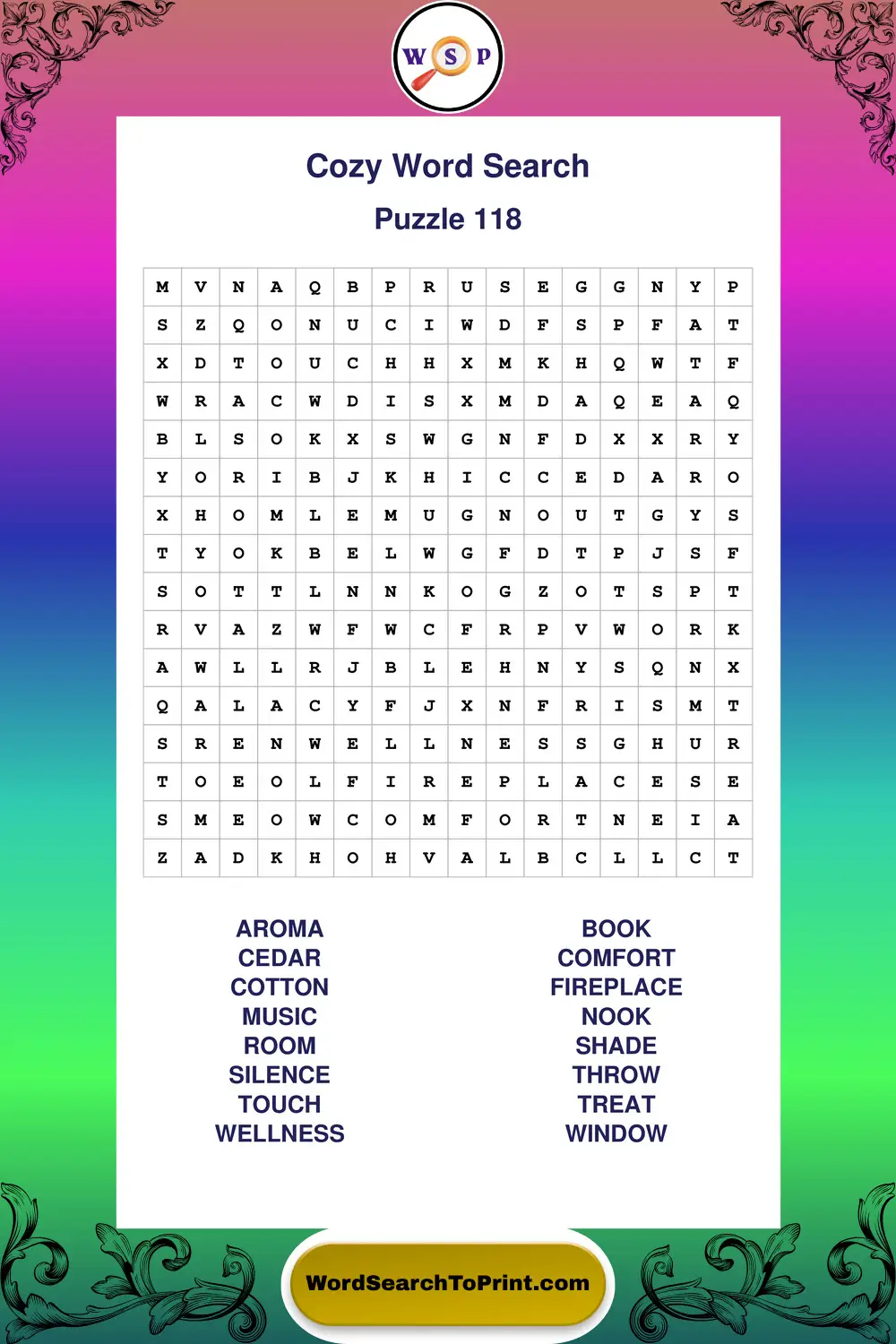 Cozy Word Search Puzzle 118