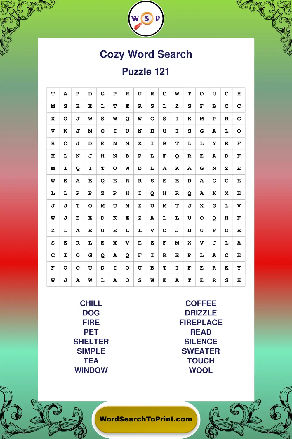 Cozy Word Search Puzzle 121