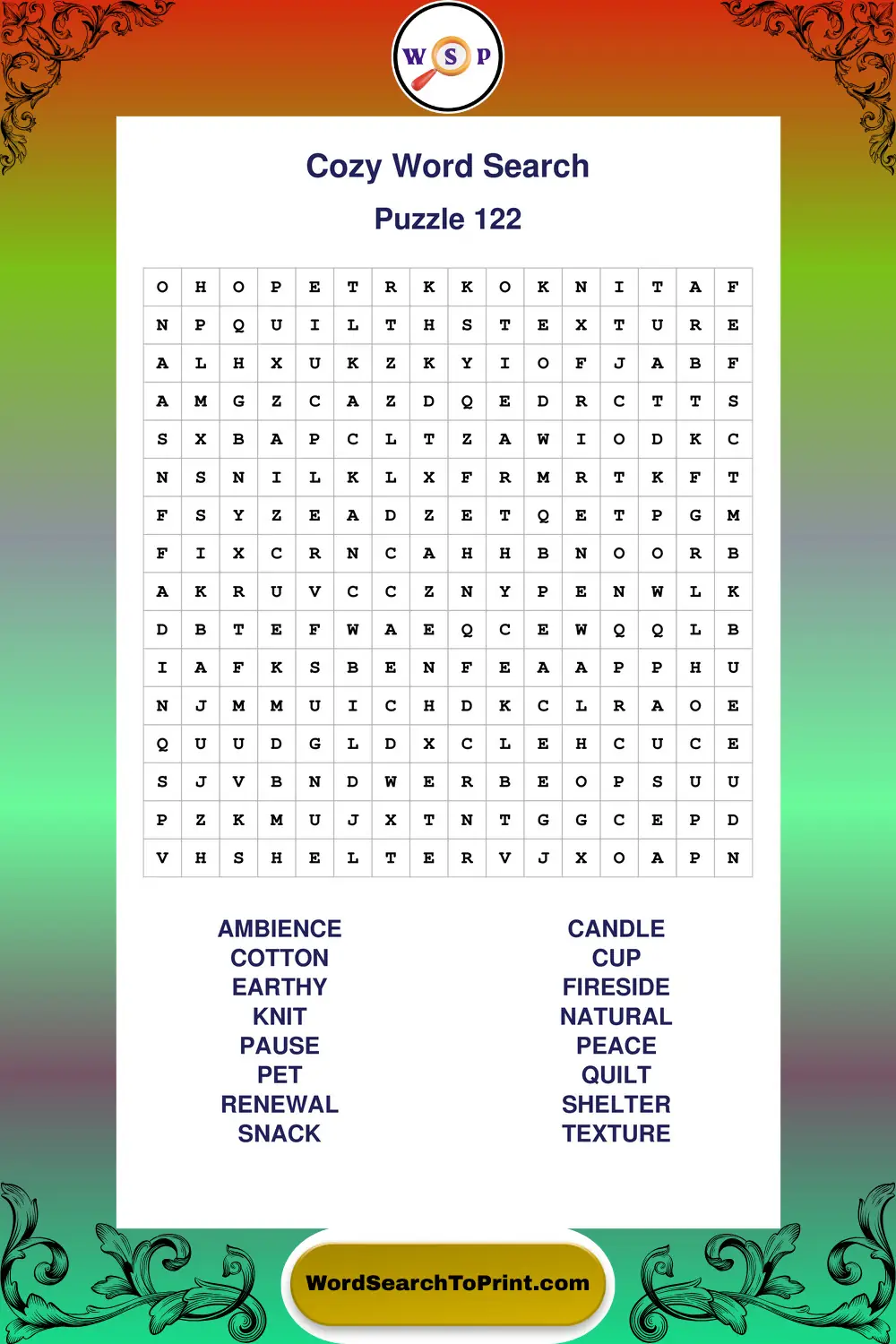Cozy Word Search Puzzle 122