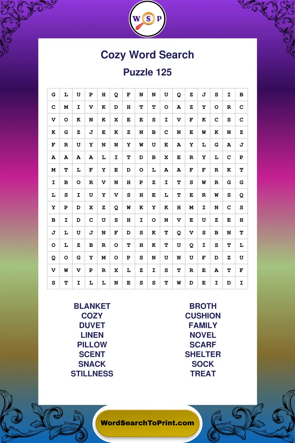 Cozy Word Search Puzzle 125
