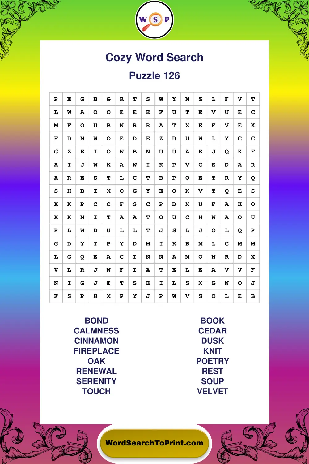Cozy Word Search Puzzle 126