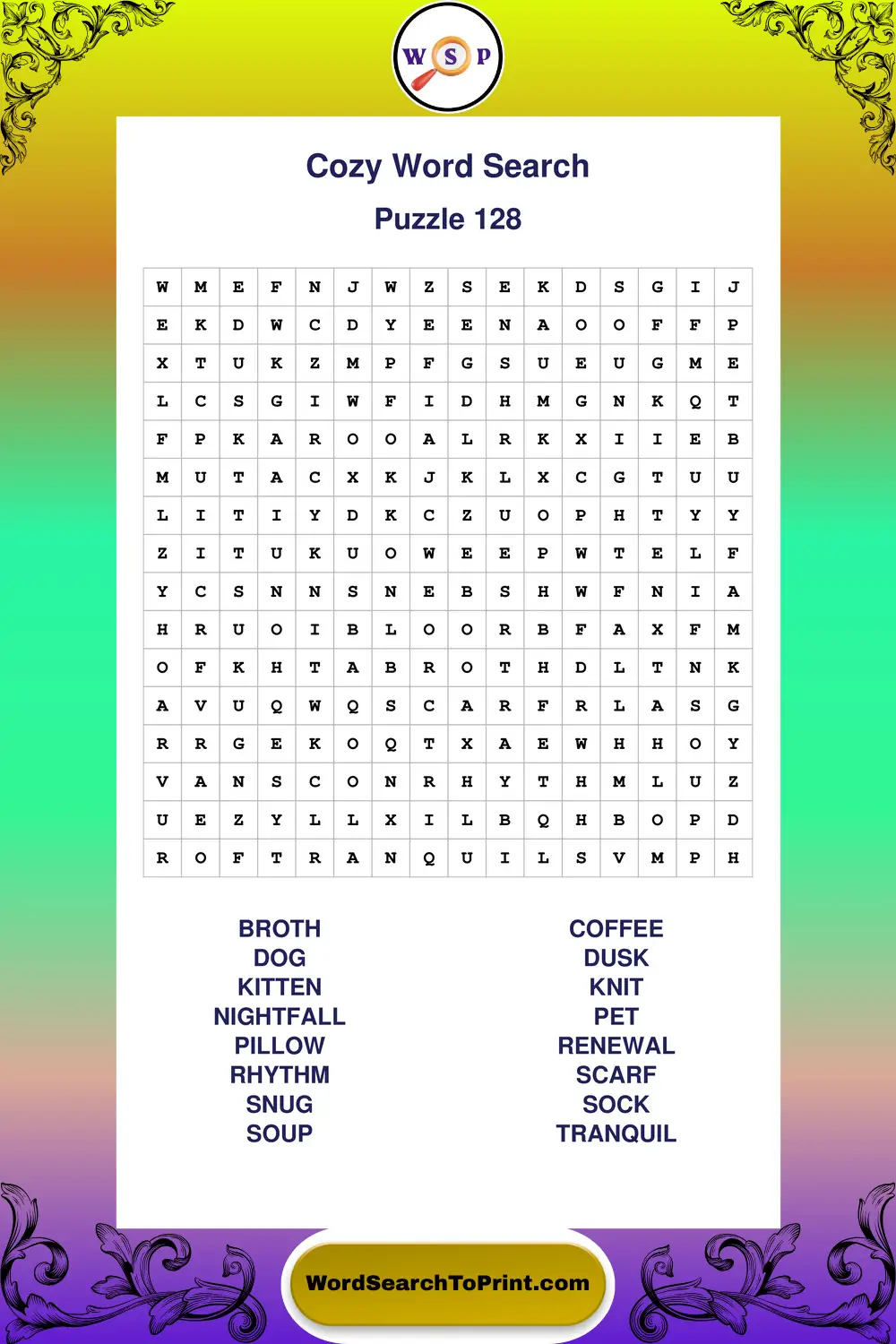 Cozy Word Search Puzzle 128