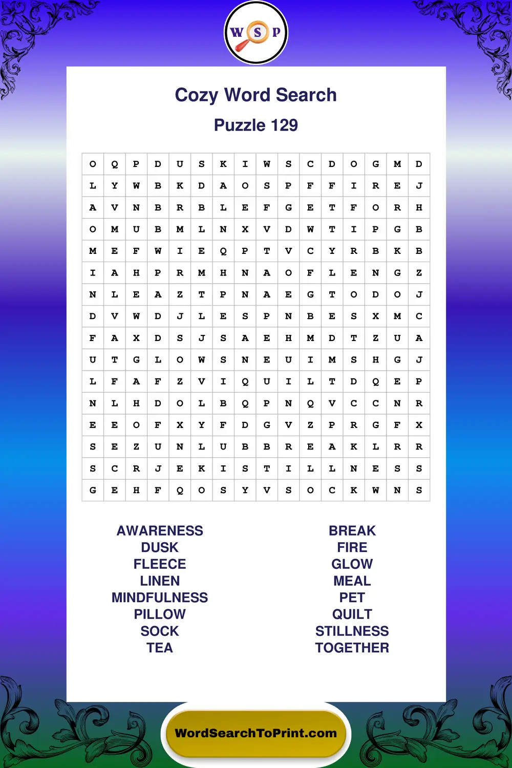 Cozy Word Search Puzzle 129