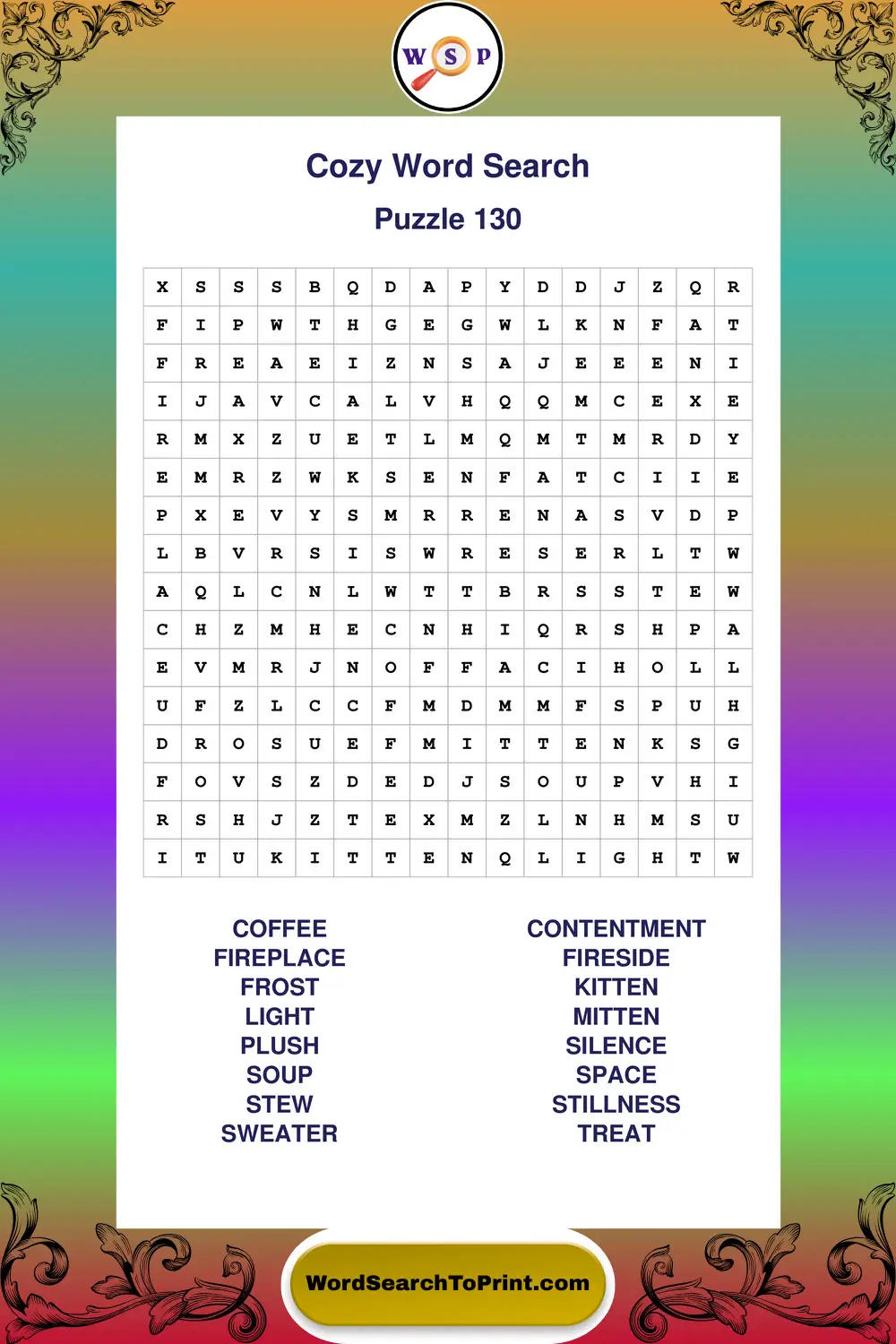 Cozy Word Search Puzzle 130