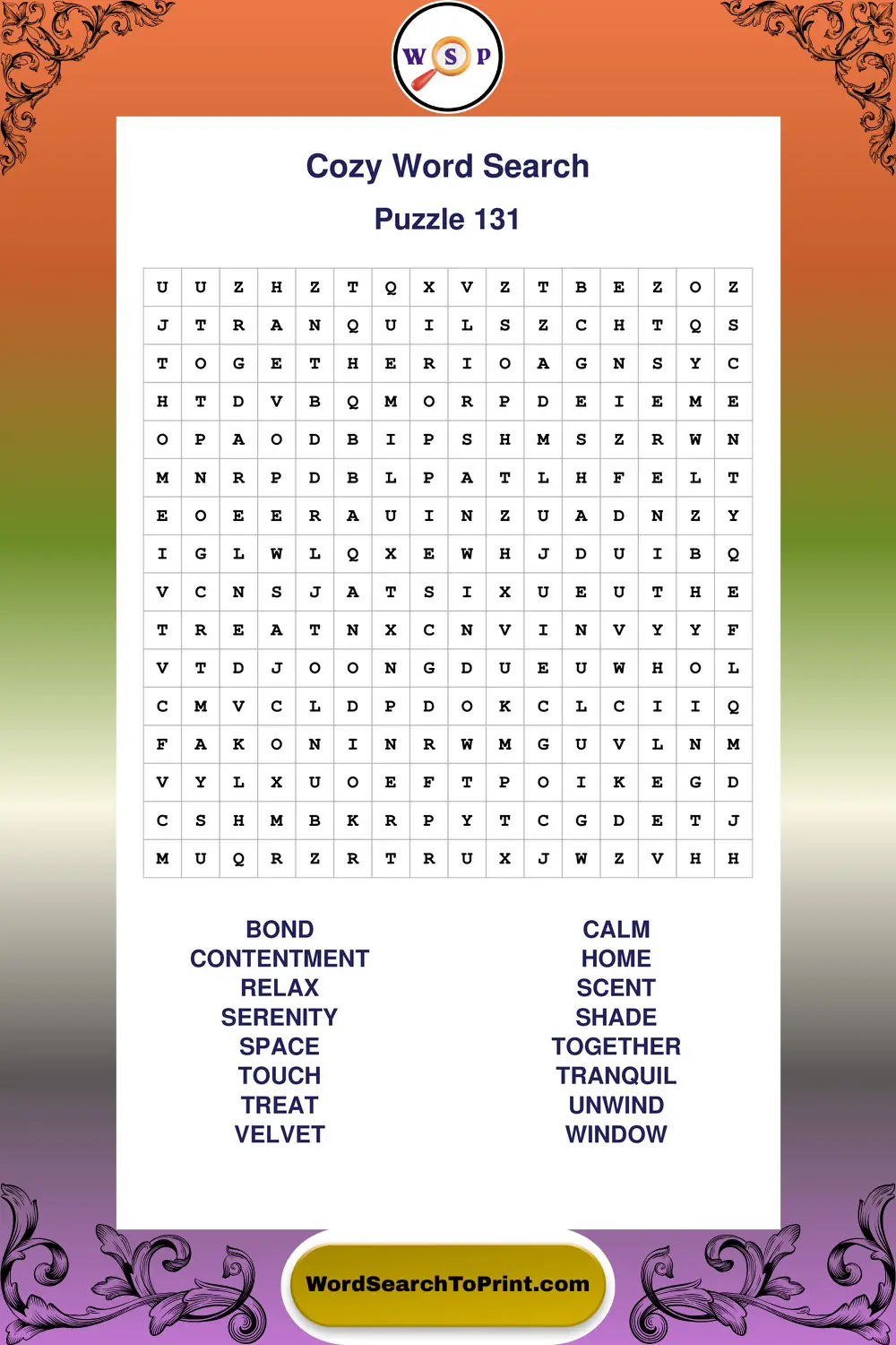 Cozy Word Search Puzzle 131