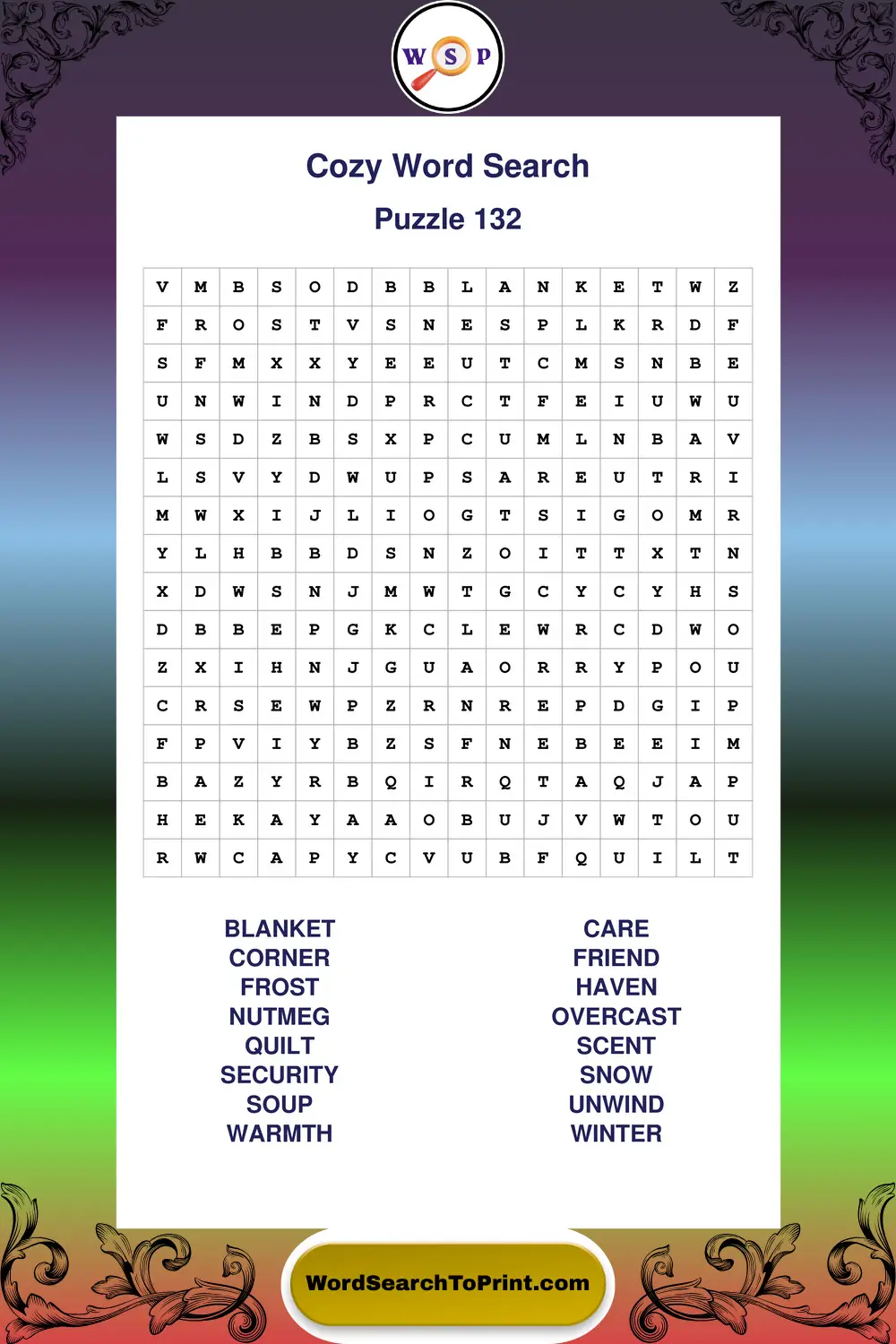 Cozy Word Search Puzzle 132