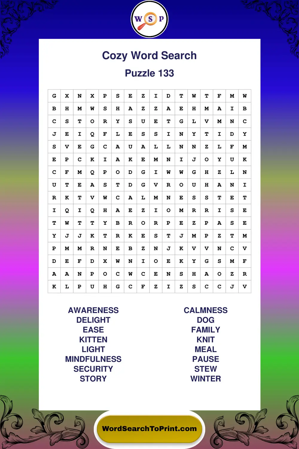 Cozy Word Search Puzzle 133