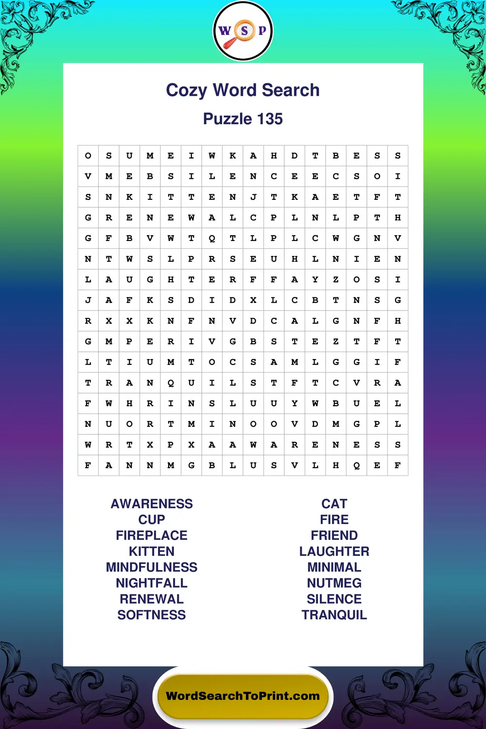 Cozy Word Search Puzzle 135