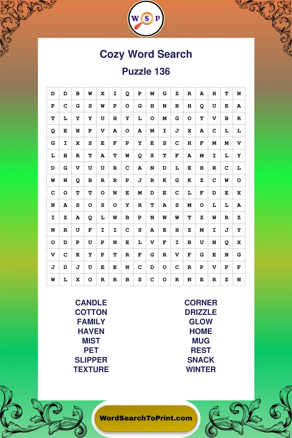 Cozy Word Search Puzzle 136