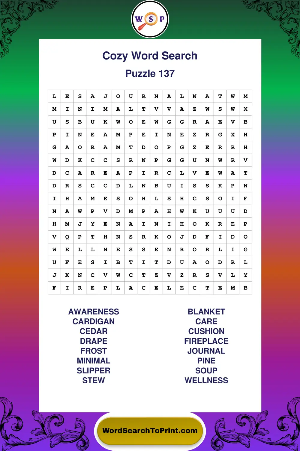 Cozy Word Search Puzzle 137