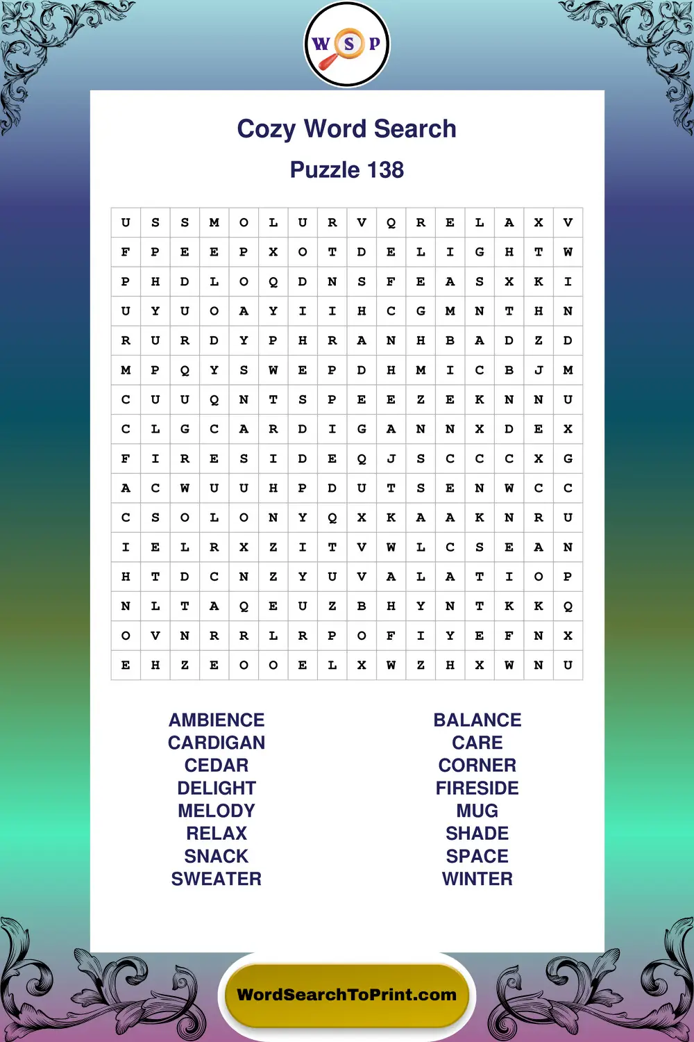 Cozy Word Search Puzzle 138