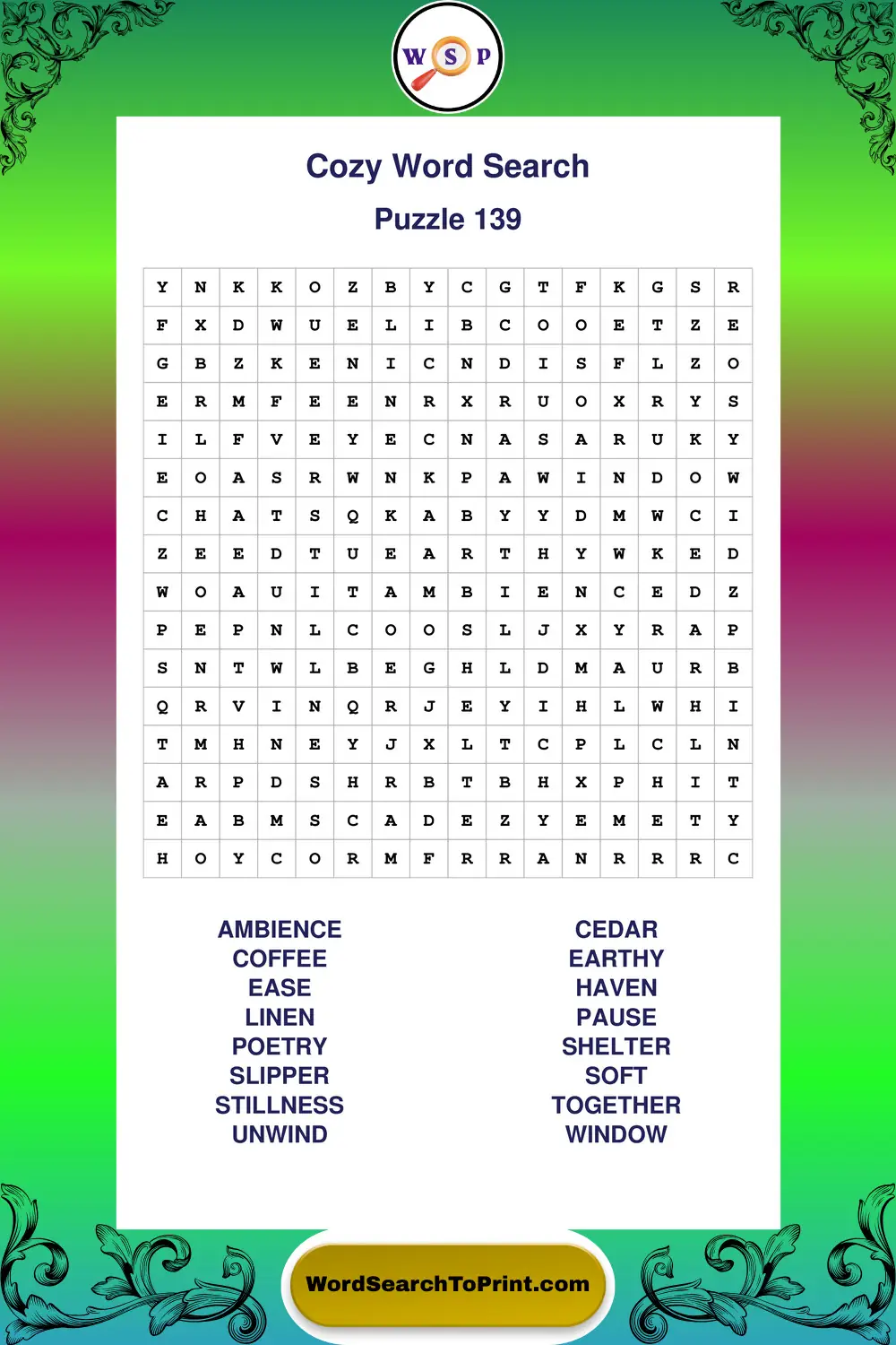 Cozy Word Search Puzzle 139