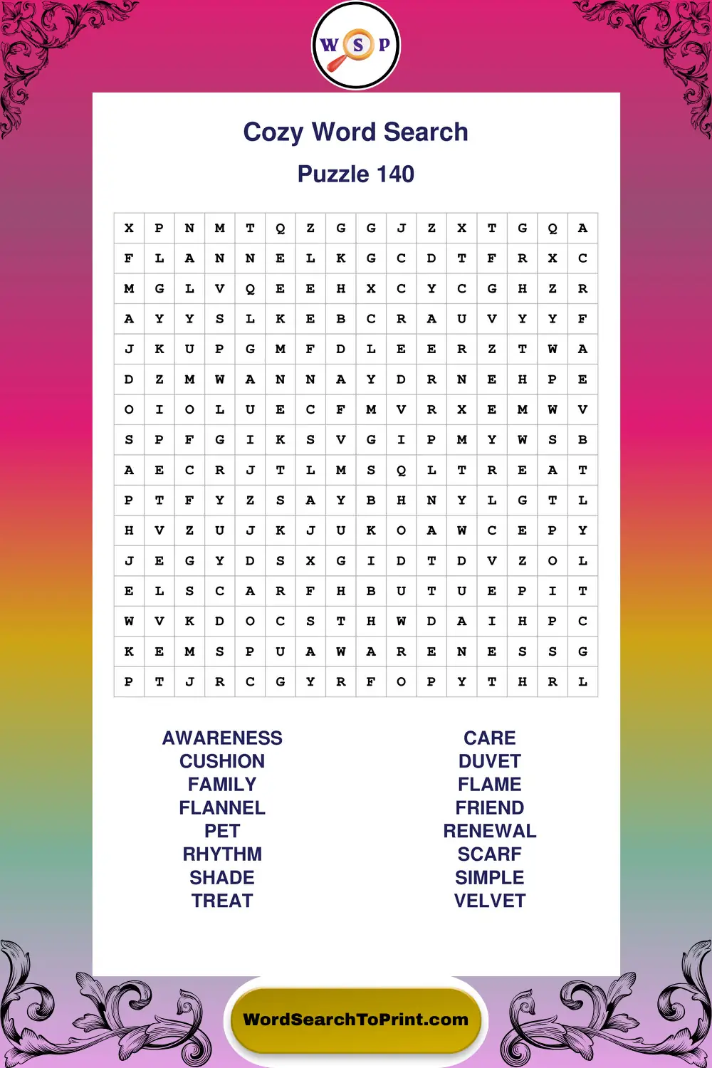 Cozy Word Search Puzzle 140